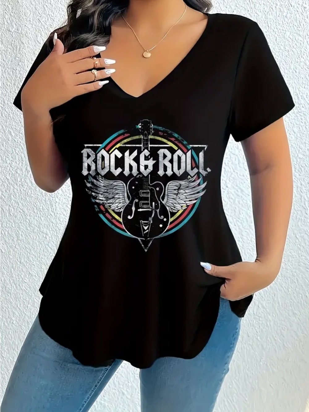 Black Rock & Roll Graphic V-Neck Women's Tee size 1XL